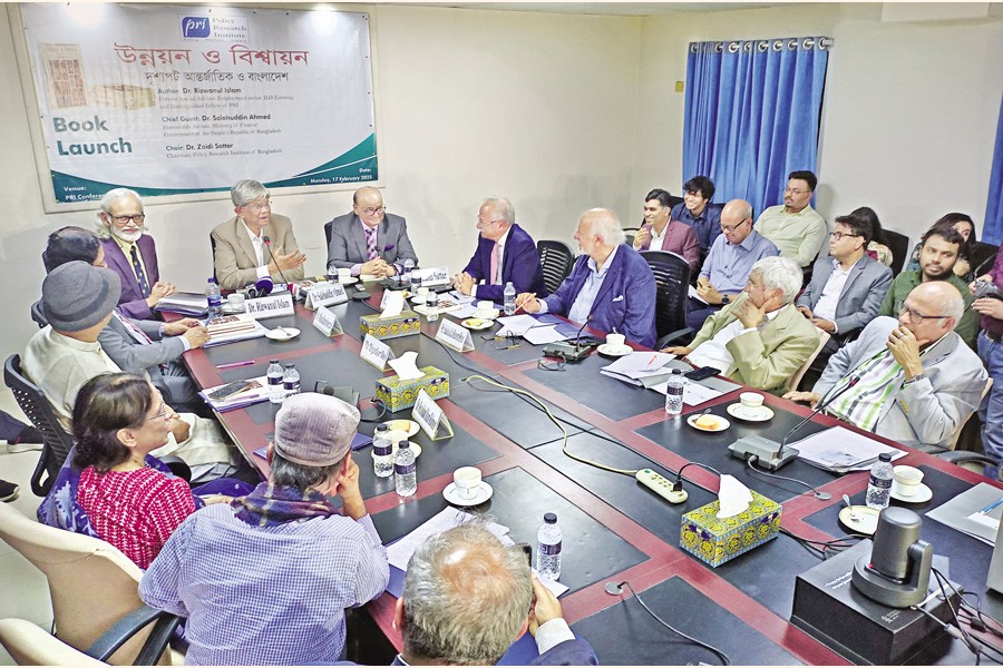 Finance Adviser Dr Salehuddin Ahmed speaking as the chief guest at a book launch ceremony, organised by the Policy Research Institute of Bangladesh (PRI) at its conference room in the capital on Monday