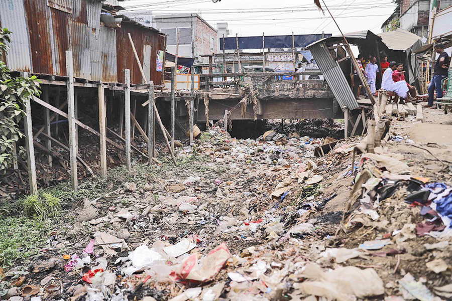 A canal in Dhaka illegally occupied by local people is filled with household waste and garbage. —Collected Photo