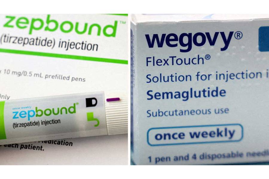 A combination image shows an injection pen of Zepbound, Eli Lilly’s weight loss drug, and boxes of Wegovy, made by Novo Nordisk.