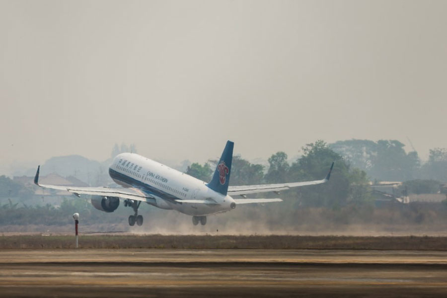 An airplane, carrying Chinese nationals who were taken from scam centers in Myanmar amid a mounting crackdown on scam centres operating along a porous border, takes off from Mae Sot International Airport to China, in Mae Sot district, Tak province, Thailand February 20, 2025.