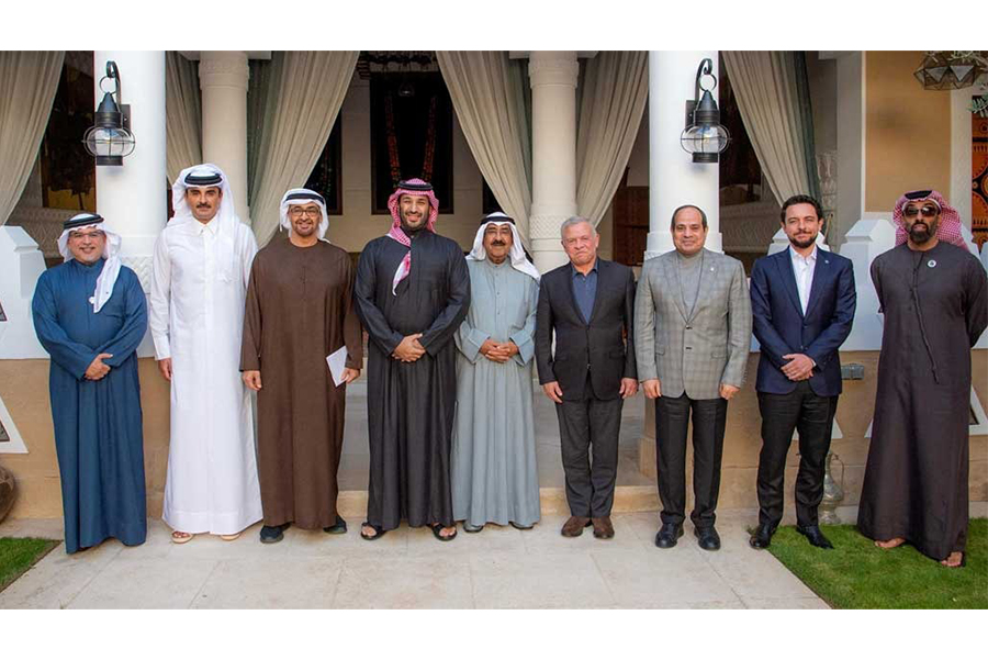 Saudi Crown Prince Mohammed Bin Salman stands with Gulf Cooperation Council (GCC) leaders, Jordan's King Abdullah, and Egypt's President Abdel Fattah al-Sisi, during 'Friendly Brotherly Meeting' in Riyadh, Saudi Arabia, Feb 21, 2025 — Saudi Press Agency/Handout via REUTERS
