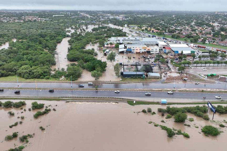 A drone view shows the flooded area at Molapo Crossing Mall and the Western Bypass highway in Gaborone, Botswana, Feb 19, 2025 in this screengrab from a video obtained from social media.