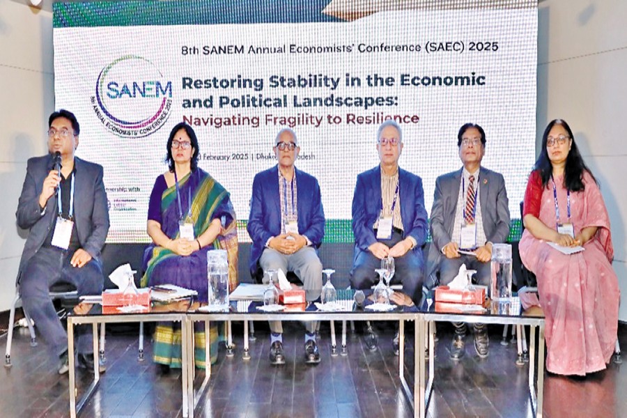 Experts attend a session titled 'Restoring Stability in the Economic and Political Landscapes: Navigating Fragility to Resilience,' on the last day of the 8th SANEM Annual Economists' Conference at the BRAC Centre Inn in the city on Sunday