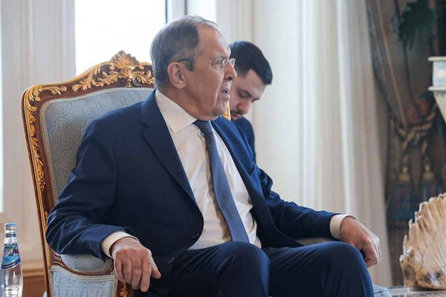 Russia's Foreign Minister Sergei Lavrov attends a meeting with Emir of Qatar Sheikh Tamim bin Hamad Al Thani in Doha, Qatar February 26, 2025.