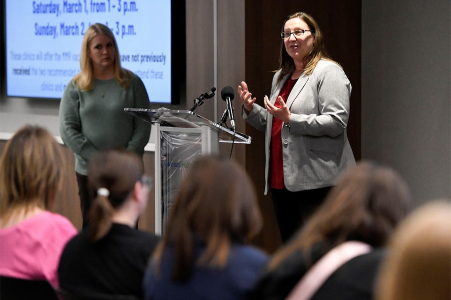 Amy Thompson and Lara Johnson speak during a press conference at Covenant Health Services after an unvaccinated child infected with measles died, in Lubbock, Texas, US, on February 26, 2025 — Reuters photo