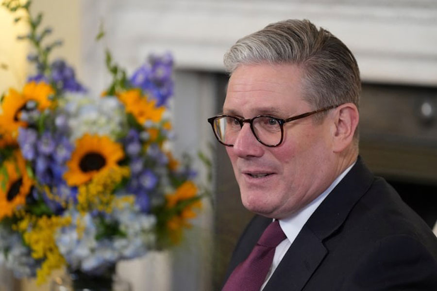 Britain’s Prime Minister Keir Starmer speaks to guests during a reception on the third anniversary of Russia’s invasion of Ukraine in London, Britain, February 24, 2025.