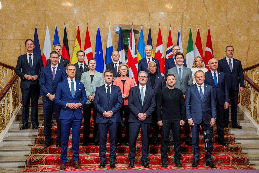 Britain's Prime Minister Keir Starmer, President Volodymyr Zelenskiy, Germany's Chancellor Olaf Scholz, Norway's Prime Minister Jonas Gahr Store, European Commission President Ursula von der Leyen, European Council President Antonio Costa, France's President Emmanuel Macron, Canada's Prime Minister Justin Trudeau, Czech Republic's Prime Minister Petr Fiala, Dutch Prime Minister Dick Schoof, Romania's Interim President Ilie Bolojan, Turkey's Minister of Foreign Affairs Hakan Fidan, Denmark's Prime Minister Mette Frederiksen, Sweden's Prime Minister Ulf Kristersson, Finland's President Alexander Stubb, Italy's Prime Minister Giorgia Meloni, Spain's Prime Minister Pedro Sanchez, Poland's Prime Minister Donald Tusk and NATO Secretary General Mark Rutte attend the European leaders' summit to discuss European security and Ukraine, at Lancaster House in London, Britain on March 2, 2025 — NTB via Reuters