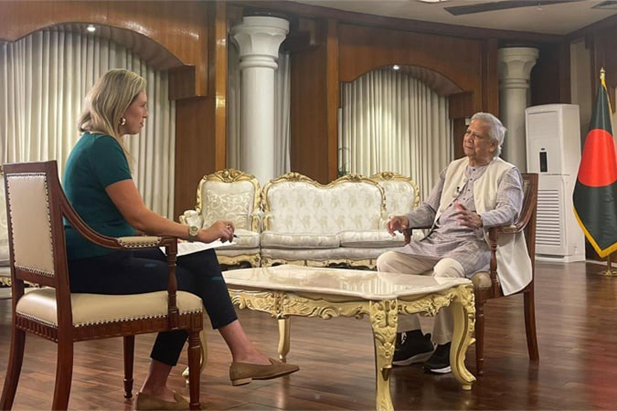 Chief Adviser Professor Muhammad Yunus gives an interview to Sky News Asia correspondent Cordelia Lynch. Photo: Collected from Sky News