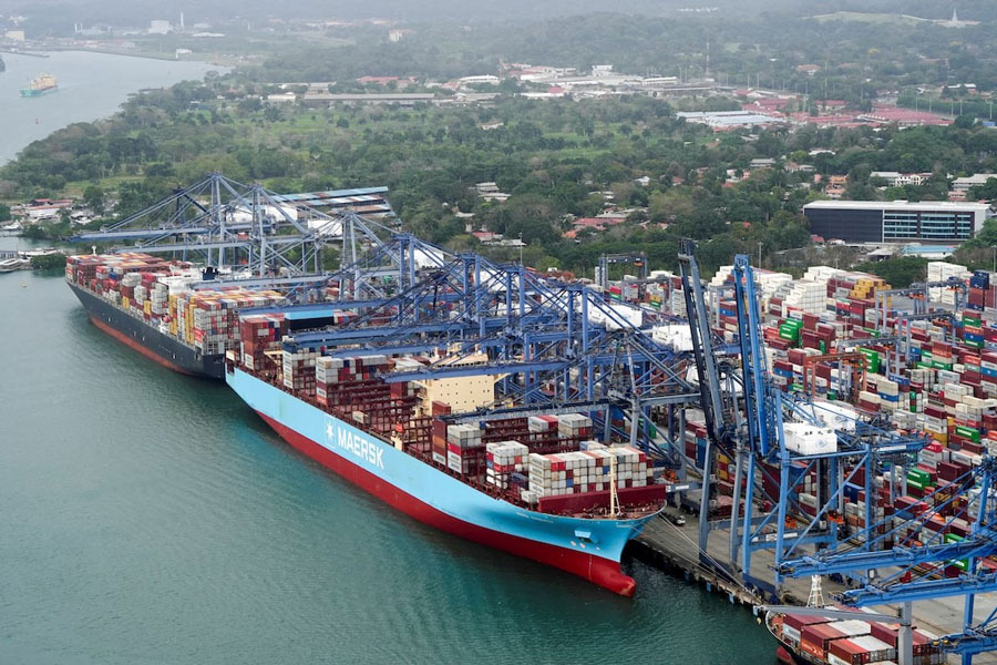 An aerial view shows cargo vessels docked at Balboa Port, operated by Panama Ports Company, at the Panama Canal, in Panama City, Panama, February 1, 2025.