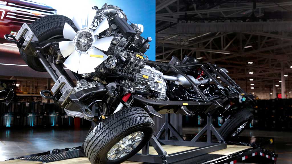 General Motors displays the chassis to the new Chevrolet 2020 Silverado HD pickup truck at the GM Flint Assembly Plant in Flint, Michigan, US February 5, 2019. REUTERS