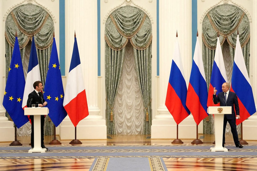 President Vladimir Putin and French President Emmanuel Macron, attend a joint press conference, in Moscow, Russia, February 7, 2022.