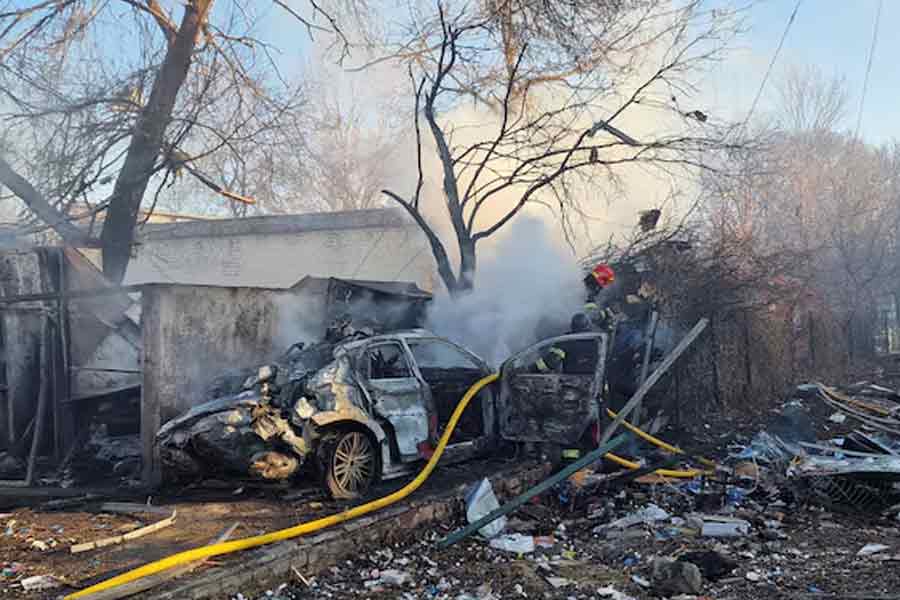 Firefighters working at a site of a Russian missile strike in Kharkiv of Ukraine on Friday –Reuters photo