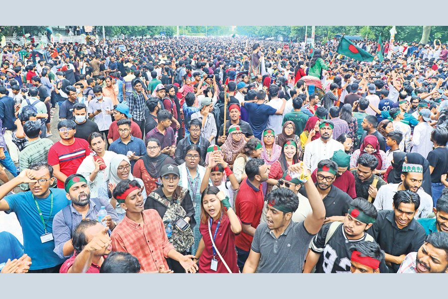 An iconic scene of students' protest in Dhaka during July upspring last year that forced Hasina to step down and flee to India.