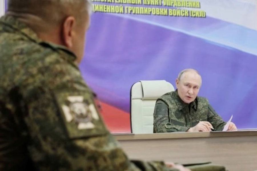 Russia's President Vladimir Putin addresses commanders as he visits a control centre of the Russian armed forces in the course of Russia-Ukraine conflict in the Kursk region, Russia, March 12, 2025, in this still image taken from video.
