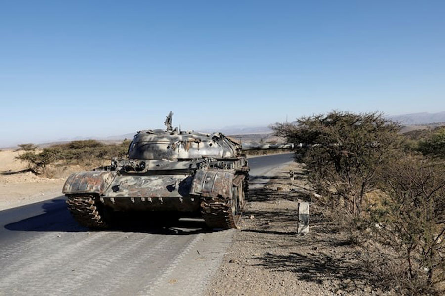A damaged Eritrean military tank is seen near the town of Wikro, Ethiopia, March 14, 2021.Picture taken March 14, 2021.