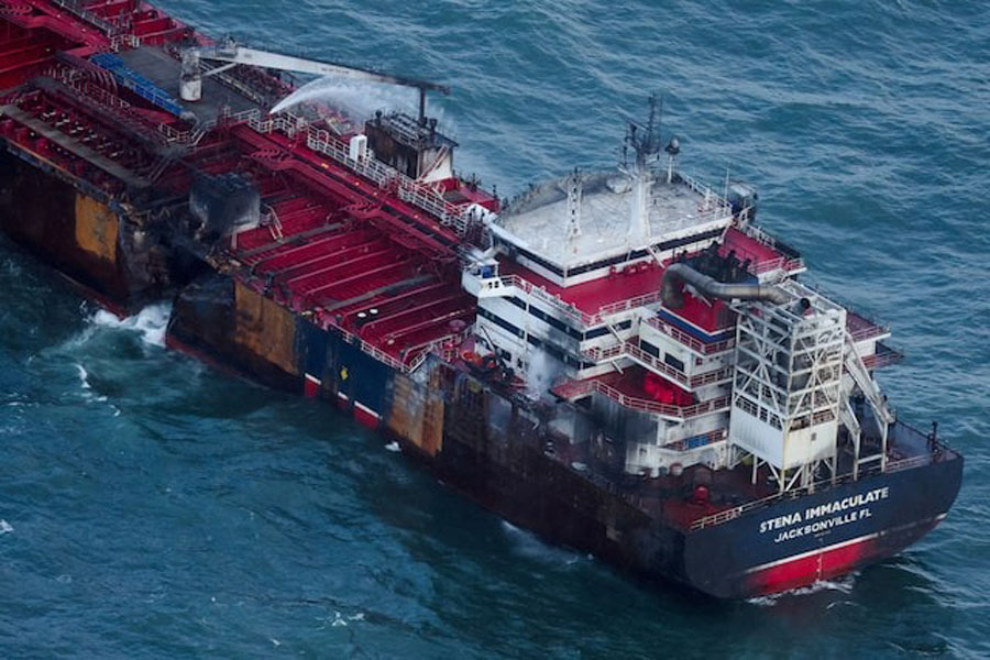 Water flows through a damaged hull of Stena Immaculate oil tanker ship after it collided with a cargo ship off the northeastern coast of England, Britain, March 11, 2025.