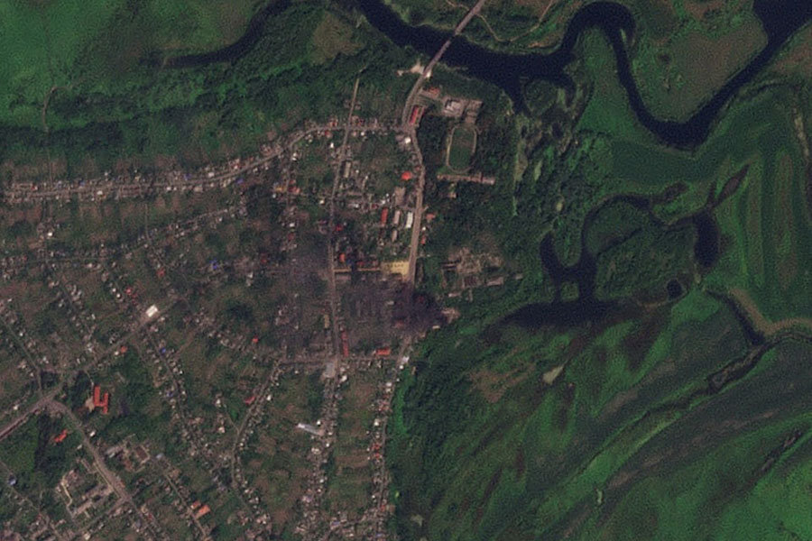 View of smoke rising from buildings that were purportedly struck by Ukrainian forces, amid their ongoing incursion, in Glushkovo, Kursk region, Russia August 21, 2024 in this satellite image.