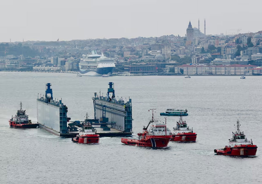A Russian floating dock is towed by tugboats through Bosphorus to the Black Sea, in Istanbul, Turkey, September 18, 2024.