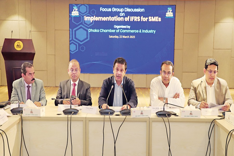 Dhaka Chamber of Commerce & Industry (DCCI) President Taskeen Ahmed speaks at a focus group discussion on 'Implementation of IFRS for SMEs' held at the DCCI on Saturday. Dr Mohammad Abu Yusuf, Chairman (Acting), Financial Reporting Council, and Md Amir Uddin, Executive Director, Bangladesh Bank, also spoke, among others