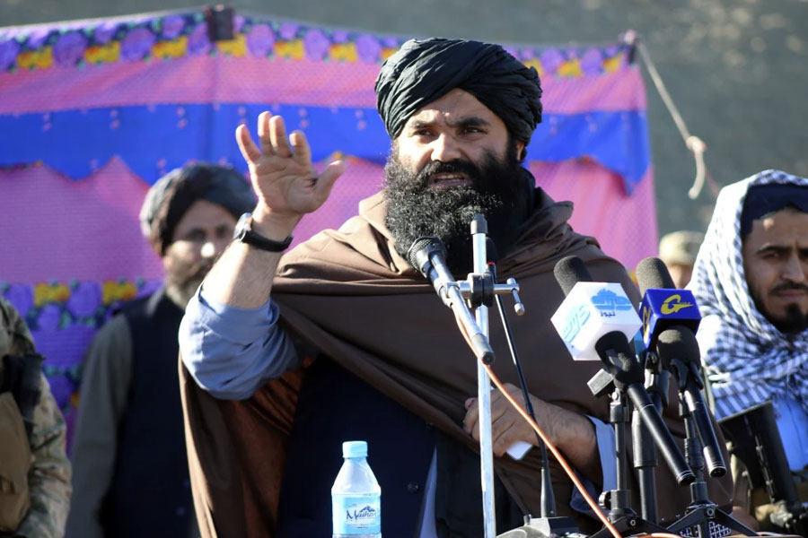 Acting interior minister Sirajuddin Haqqani, speaks during the funeral prayers of Khalil Haqqani, the minister for refugees and repatriation, during his funeral procession in eastern Paktia province, Afghanistan, Dec 12, 2024.
