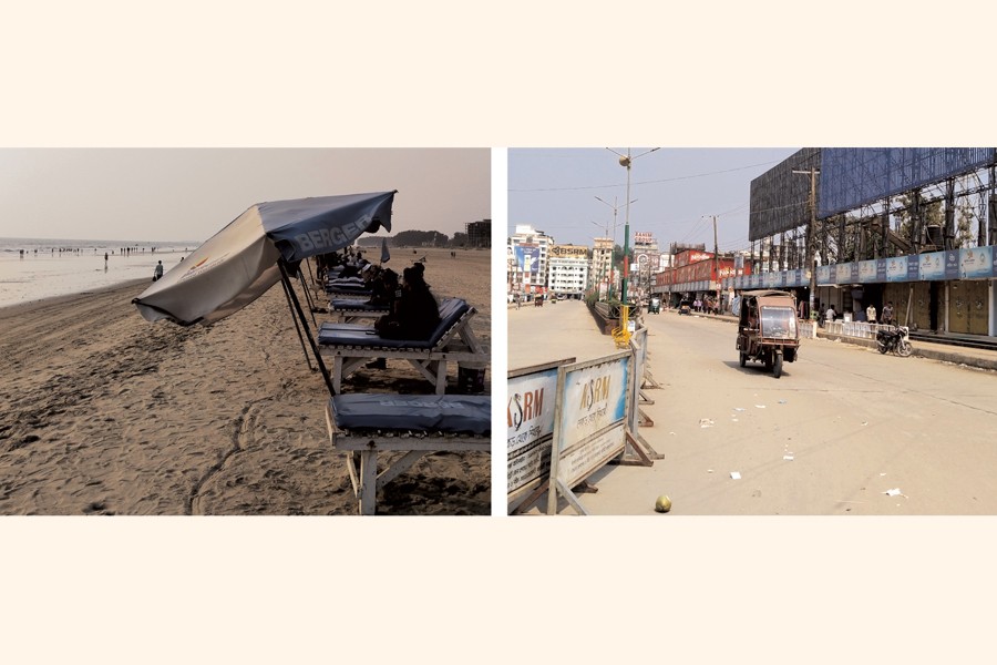 Pictures show some empty umbrella chairs (left) and closed shops at Sugandha point on Cox's Bazar sea beach where tourist flow has sharply fallen during this Ramadan