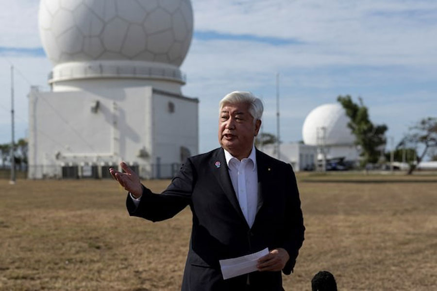 Japanese Defence Minister Gen Nakatani delivers a statement in front of the Japanese-built air surveillance radar, at the Naval Station Ernesto Ogbinar, previously known as Wallace Air Station, in San Fernando City, La Union province, Philippines, February 23, 2025.
