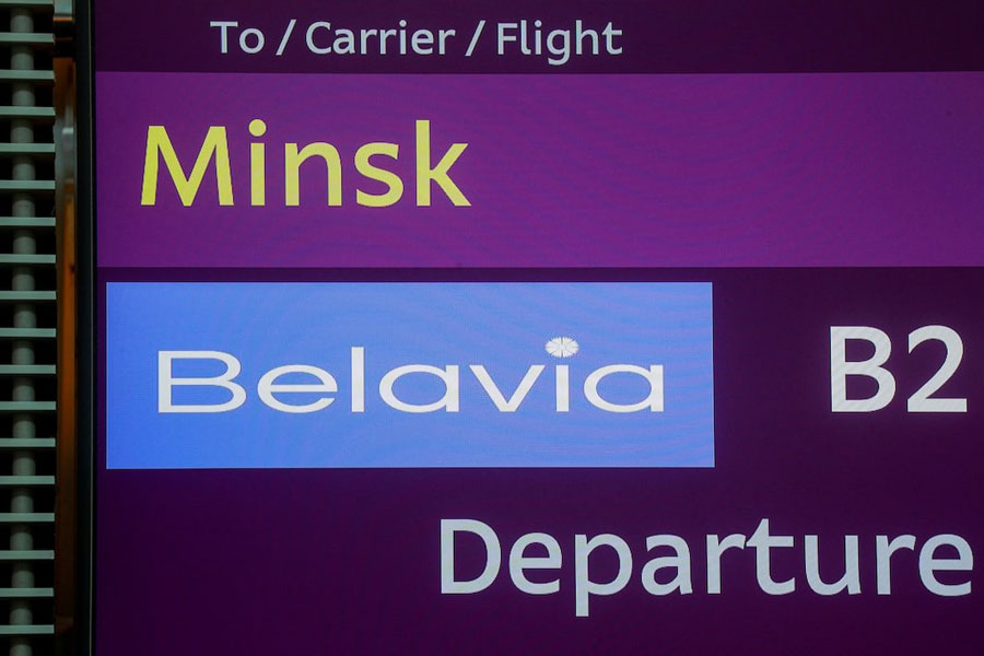 An information board during a check-in for a flight of Belavia Belarusian Airlines heading to Minsk, at Boryspil International Airport outside Kyiv, Ukraine May 25, 2021.
