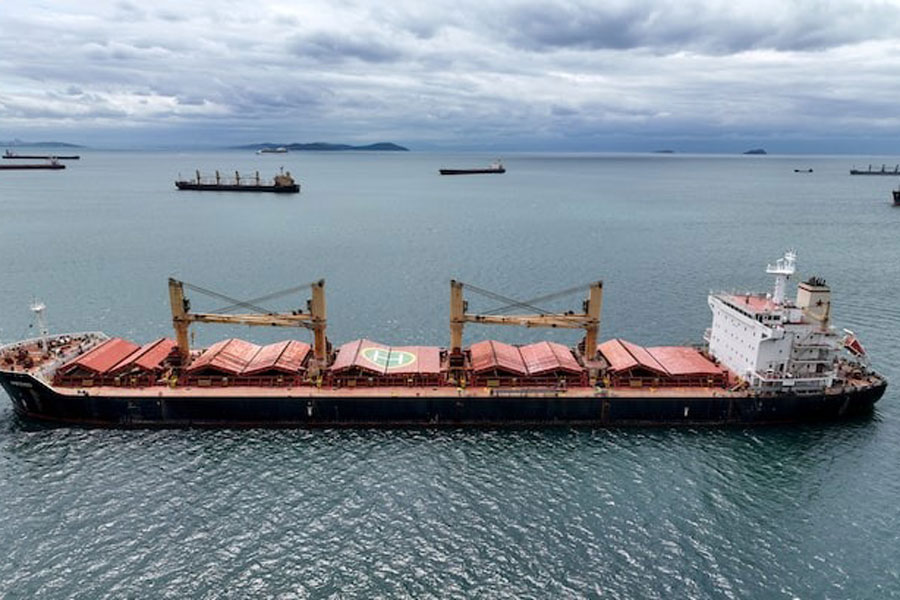 Amfitriti, a bulk carrier part of the Black Sea grain deal, and other commercial vessels wait to pass the Bosphorus strait off the shores of Yenikapi in Istanbul, Turkey, May 10, 2023.