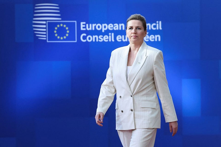 Denmark's Prime Minister Mette Frederiksen walks to attend a European Union summit in Brussels, Belgium March 20, 2025.