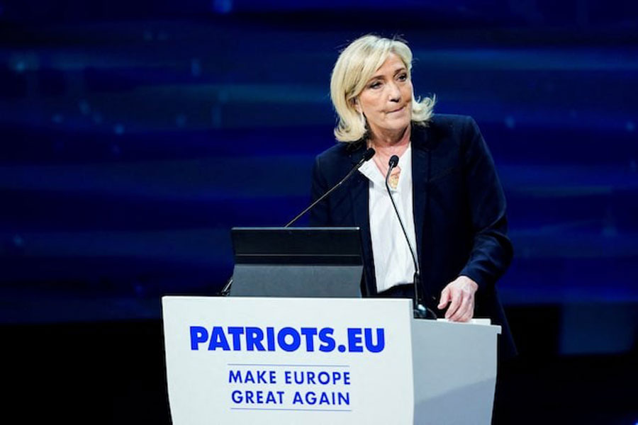 French far-right leader and member of parliament Marine Le Pen, President of the French far-right National Rally (Rassemblement National - RN) party parliamentary group speaks at a Spanish far-right party VOX rally, in Madrid, Spain, February 8, 2025.