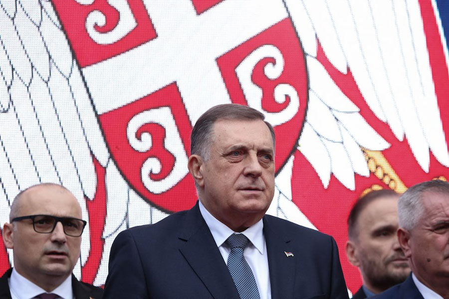 President of Republika Srpska (Serb Republic) Milorad Dodik addresses his supporters reacting to court decision on charges that he defied rulings by an international peace envoy, in Banja Luka, Bosnia and Herzegovina, February 26, 2025.