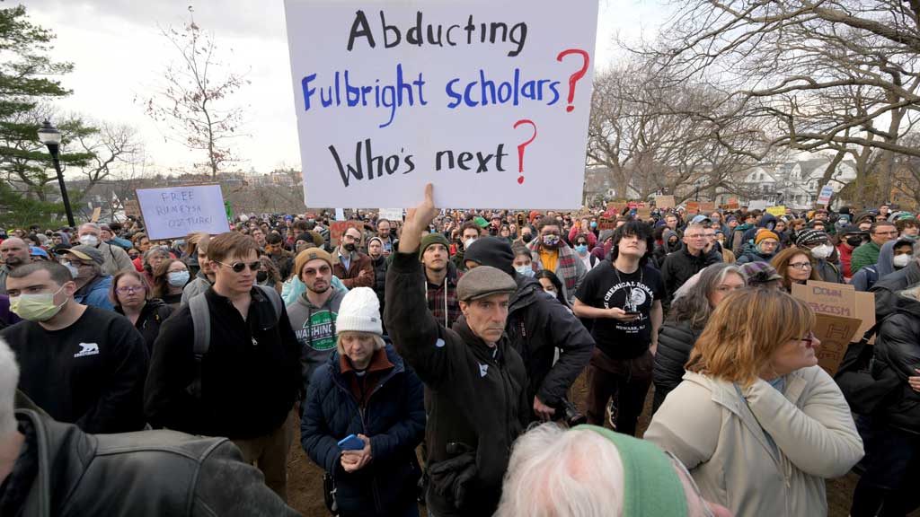 Demonstrators take part in the Stand with Rumeysa Ozturk, Tufts PHD Student emergency rally, at Powder House Square Park, after Ozturk was taken into custody by federal agents, in Somerville, Massachusetts, US Mar 26, 2025. REUTERS/Faith Ninivaggi