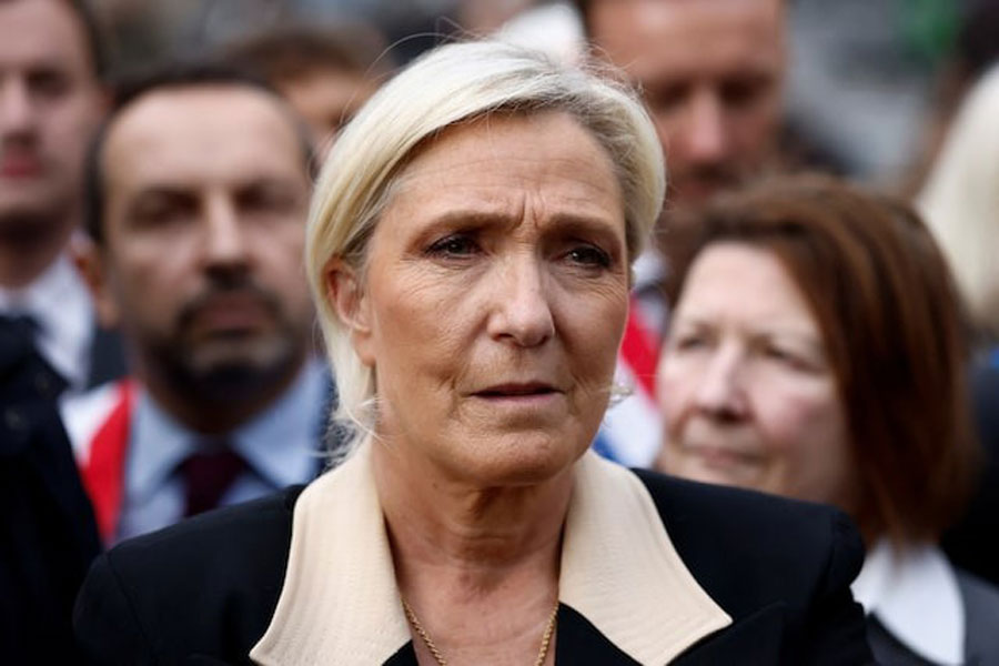 French far-right leader and member of parliament Marine Le Pen attends a gathering in support of detained Franco-Algerian writer Boualem Sansal in Paris, France, March 25, 2025.