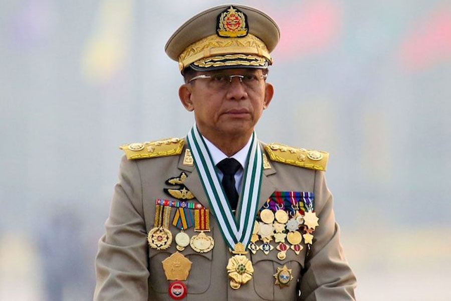 Myanmar's junta chief Senior General Min Aung Hlaing, who ousted the elected government in a coup, presides at an army parade on Armed Forces Day in Naypyitaw, Myanmar, March 27, 2021.