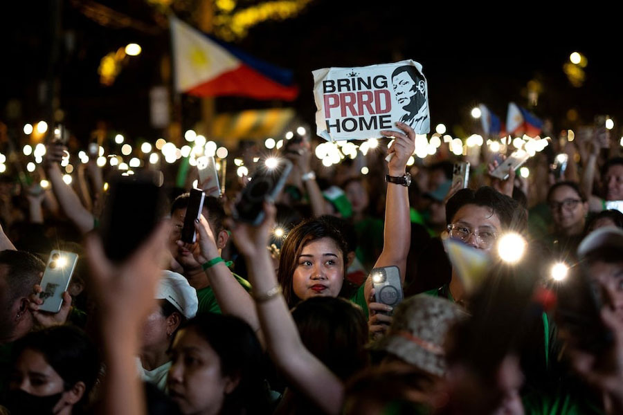 Supporters of the arrested former Philippine President Rodrigo Duterte gather on his 80th birthday in his hometown Davao City, Philippines, March 28, 2025.