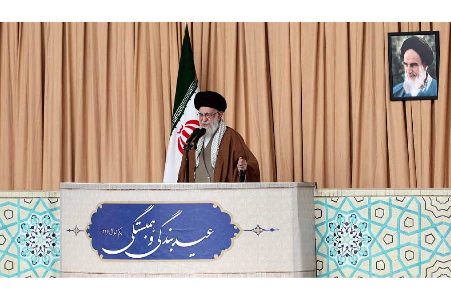 Iran's Supreme Leader Ayatollah Ali Khamenei speaks after Eid al-Fitr prayers to mark the end of the holy month of Ramadan, in Tehran, Iran, Mar 31, 2025.