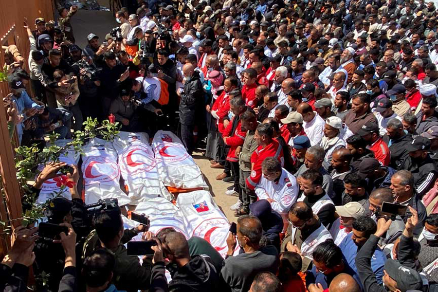 Palestinians mourn medics, who came under Israeli fire while on a rescue mission, after their bodies were recovered, according to the Red Crescent, at Nasser hospital in Khan Younis in the southern Gaza Strip on March 31, 2025 — Reuters photo