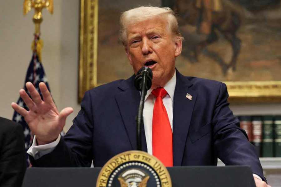 US President Donald Trump makes an announcement about an investment from Taiwan Semiconductor Manufacturing Company (TSMC), in the Roosevelt Room at the White House in Washington, DC, US, Mar 3, 2025.