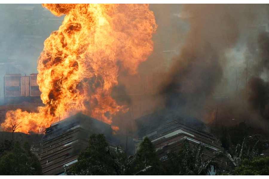 Flames and smoke rise from a fire after a gas pipeline operated by Malaysia's state energy firm Petronas caught fire, in Puchong, Malaysia April 1, 2025.