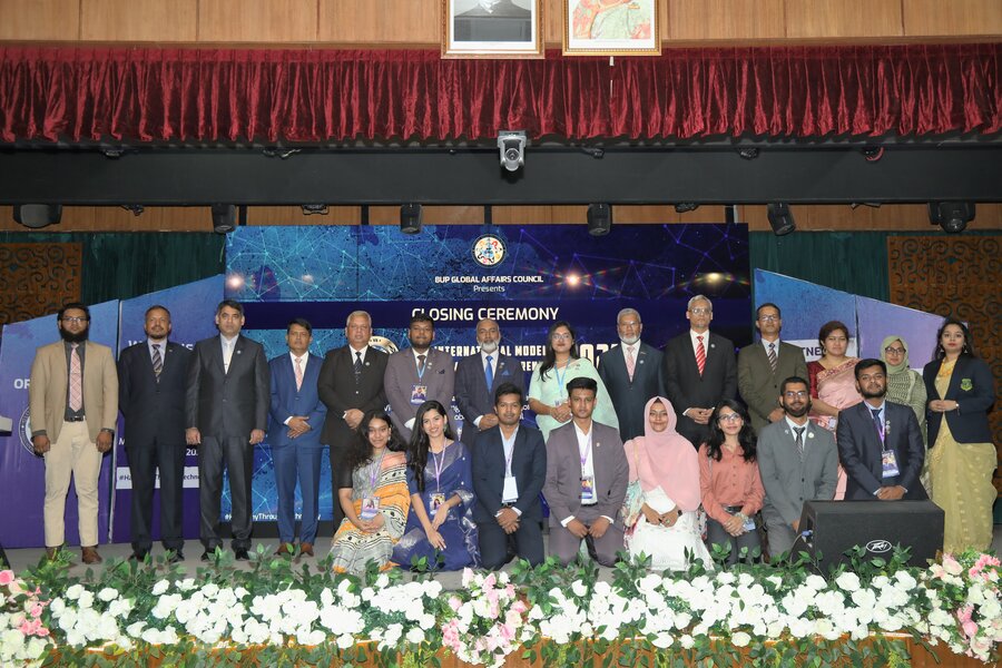 Vice Chancellor of Bangladesh University of Professionals Major General Md Mahbub-ul Alam with senior BUP officials and top secretariat board of the grand finale of BUP International MUN Conference 2023