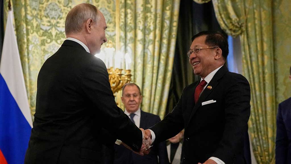 Russia's President Vladimir Putin welcomes Myanmar's military chief Senior General Min Aung Hlaing during their meeting in Moscow, Russia, March 4, 2025. Pavel Bednyakov/Pool via REUTERS