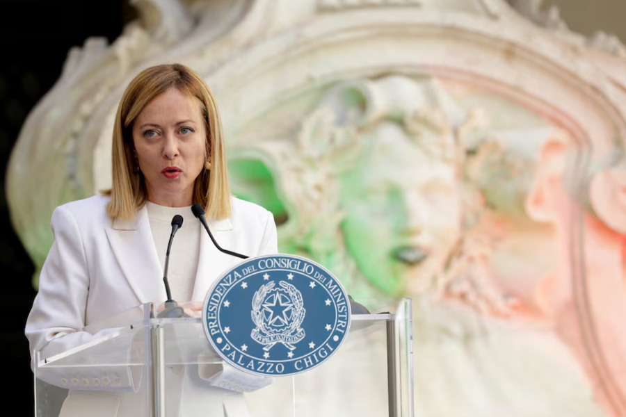 Italian Prime Minister Giorgia Meloni speaks as she attends the "master of the art of Italian cuisine award" ceremony at Palazzo Chigi, in Rome, Italy, April 2, 2025.