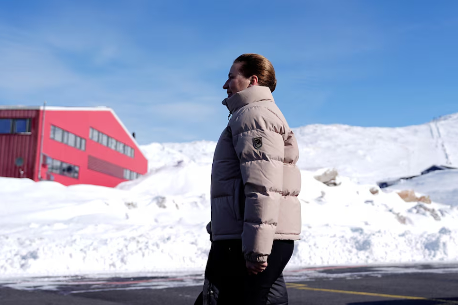 Denmark's Prime Minister Mette Frederiksen, arrives at Nuuk airport, Greenland, April 2, 2025.