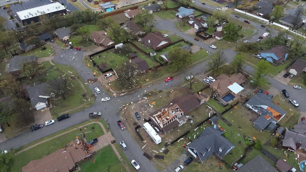An aerial view of damages in the aftermath of a storm in Owasso, Oklahoma, US, Apr 2, 2025. REUTERS