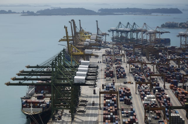 Containers are loaded and unloaded from a vessel at PSA's Tanjong Pagar container terminal in Singapore January 4, 2016. REUTERS/Edgar Su/File Photo