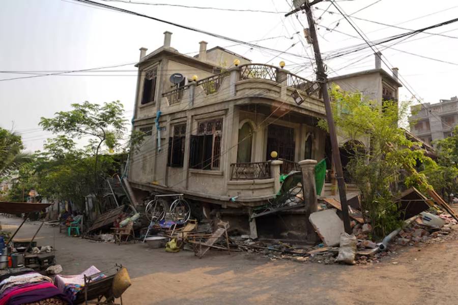 A damaged building is pictured following a strong earthquake in Amarapura township, Myanmar, April 4, 2025.