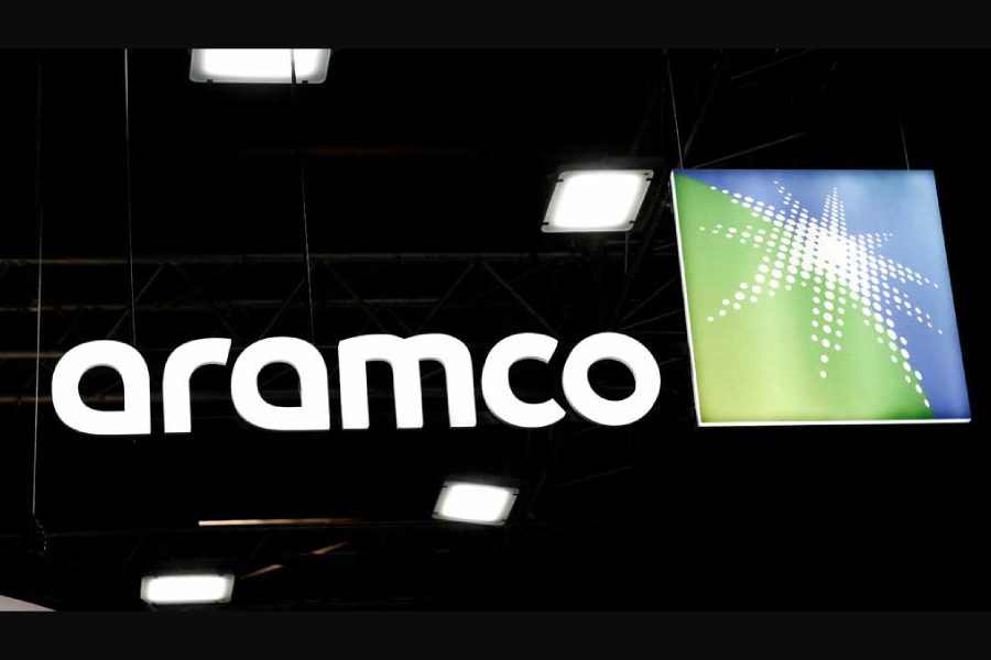 The Saudi Aramco logo is pictured at Hyvolution exhibition in Paris, France, Feb 1, 2024.