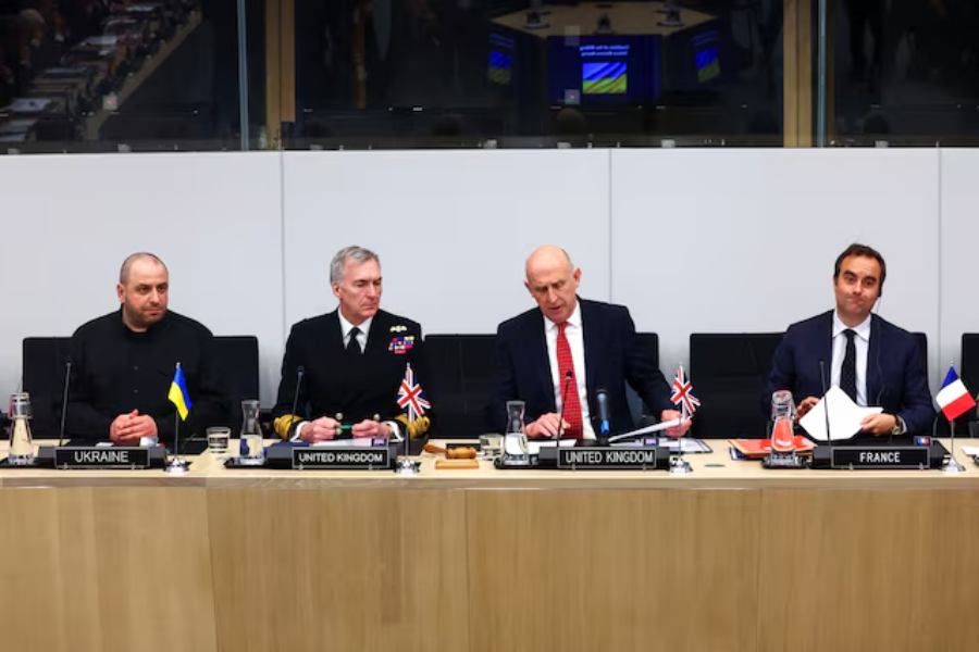 Britain's Defence Secretary John Healey, Britain's Chief of the Defence Staff Admiral Tony Radakin, Ukrainian Defence Minister Rustem Umerov and France's Defence Minister Sebastien Lecornu attend a meeting of the Coalition of the Willing in defence ministers format, hosted by the United Kingdom and France, at NATO headquarters in Brussels, Belgium April 10, 2025.