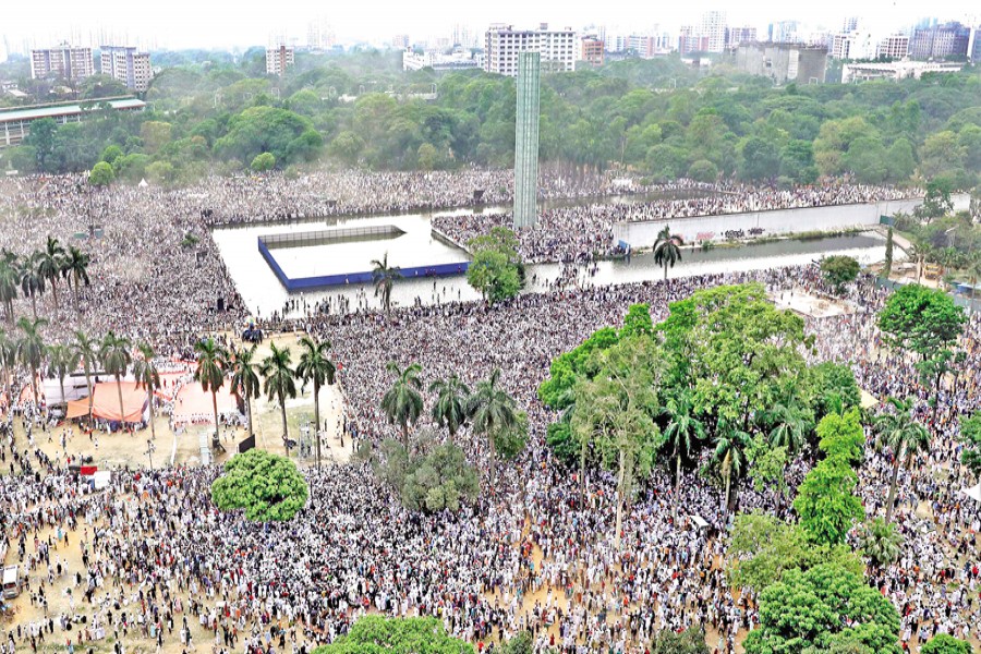 The historic Suhrawardy Udyan and its surrounding areas turn into a human sea as hundreds of thousands of people from diverse backgrounds converge there on Saturday to protest against unprovoked Israeli aggression in Gaza