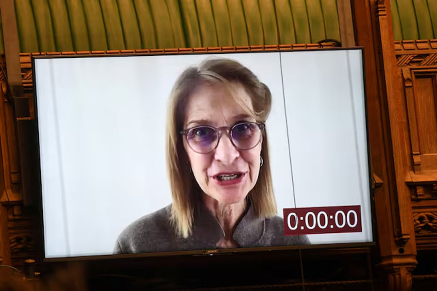 Britain's Liberal Democrat MP Wera Hobhouse is seen on a screen as she speaks during Urgent Question at the House of Commons in London, Britain April 26, 2021.